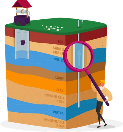 Male with Magnifying Glass Presenting Earth Layers  Illustration