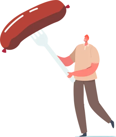 Male with Sausage Poked on Fork Illustration