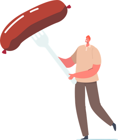 Male with Sausage Poked on Fork  Illustration