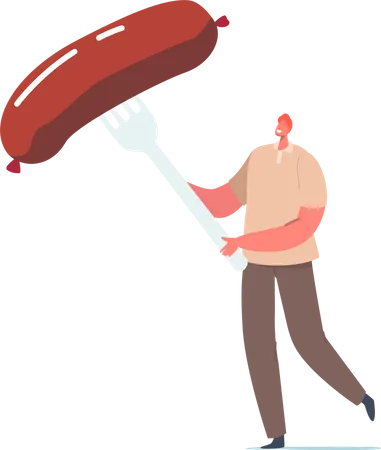 Male with Sausage Poked on Fork  Illustration