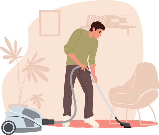 Male Character Vacuuming Home With Vacuum Cleaner In Living Room Young Man Doing Domestic Work Cleaning Floor Or Carpet Every Day Routine Weekend Household Chores Cartoon Vector Illustration Illustration
