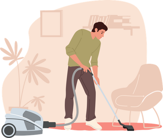 Male with Vacuum Cleaner in Living Room  Illustration