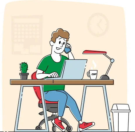 Male Character Work On Laptop And Speaking By Smartphone In Office Man At Desk Work On Project Freelancer Or Businessman Working Process Brainstorm Or Searching Solution Linear Vector Illustration Illustration