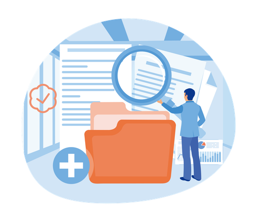 Male Worker Adds Files To Main Folder and Search For Data Info In Database  Illustration