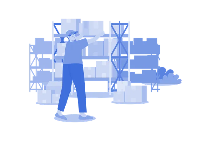 Male Worker Arranging Boxes In Warehouse  Illustration