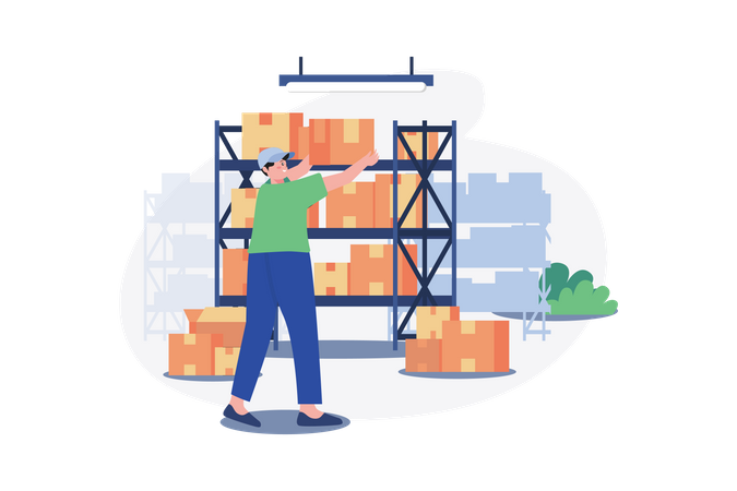 Male Worker Arranging Boxes In Warehouse Illustration