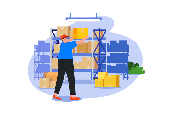 Male Worker Arranging Boxes In Warehouse  Illustration