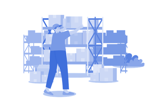 Male Worker Arranging Boxes In Warehouse  Illustration