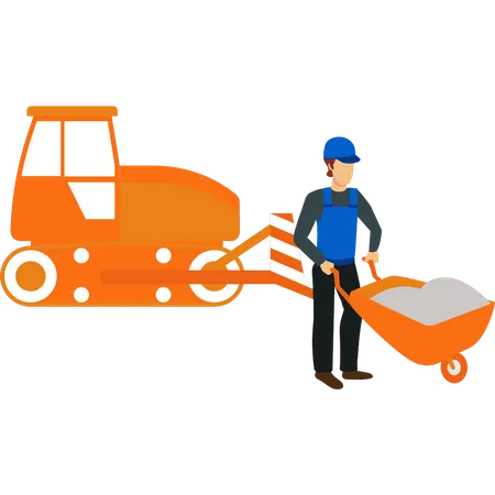 Male worker carrying wheelbarrow of cement  Illustration