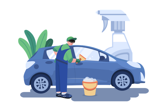 Male worker cleaning car Illustration