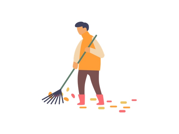 Male worker cleaning tree leaves with leaf rake Illustration