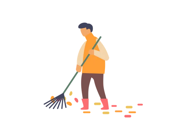 Male worker cleaning tree leaves with leaf rake Illustration