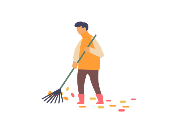 Male worker cleaning tree leaves with leaf rake  Illustration