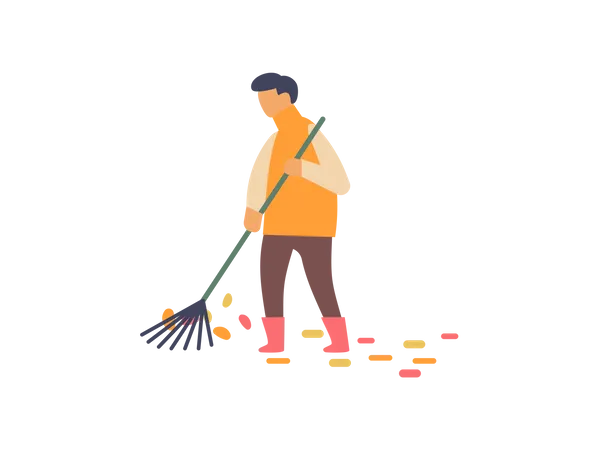 Male worker cleaning tree leaves with leaf rake  Illustration