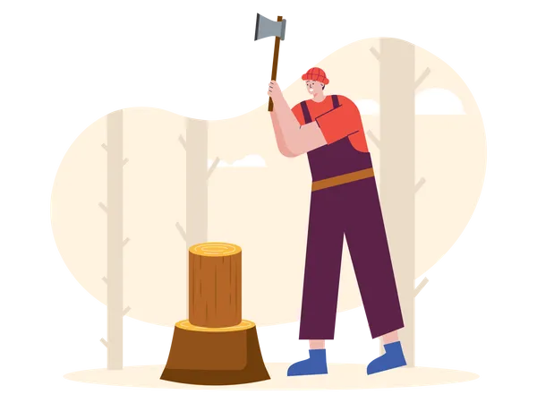 Male worker cutting wood with axe Illustration