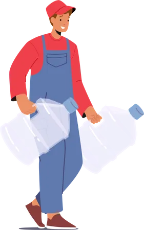 Male Worker Deliver Fresh Water By Transporting It In Plastic Gallons To Homes And Business  Illustration