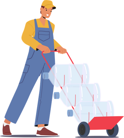 Male Worker Delivers Fresh Water On Manual Trolley  Illustration