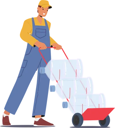 Male Worker Delivers Fresh Water On Manual Trolley  Illustration