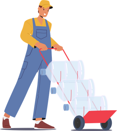 Male Worker Delivers Fresh Water On Manual Trolley  일러스트레이션