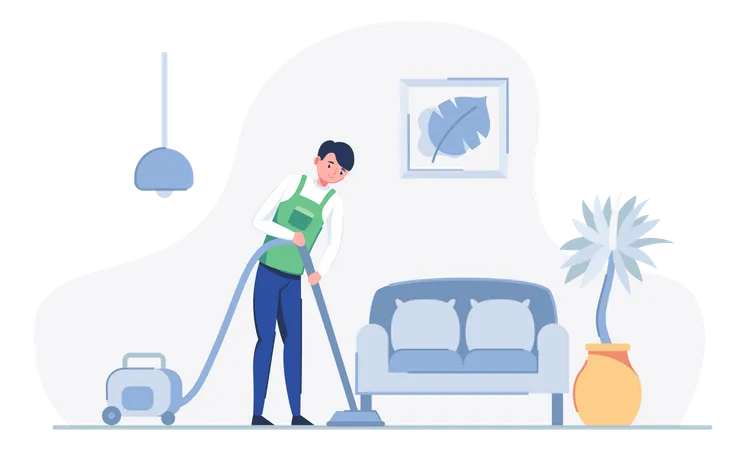 Male worker doing vacuum cleaning clean floor at living room Illustration