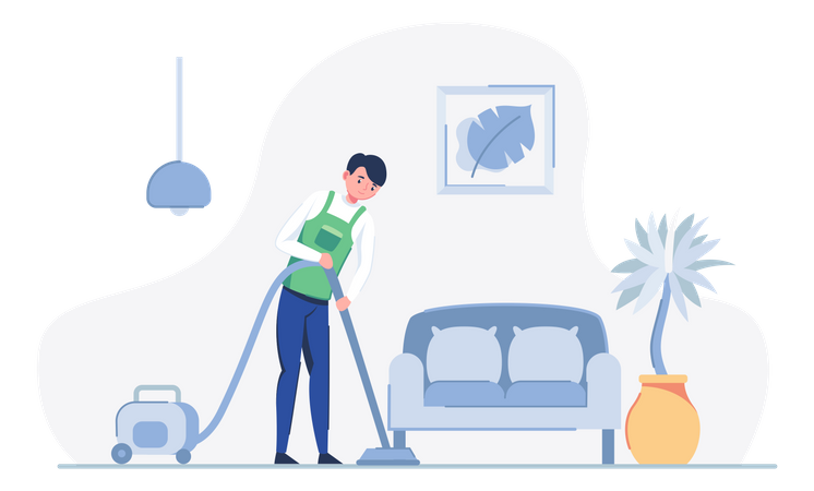 Male worker doing vacuum cleaning clean floor at living room  Illustration