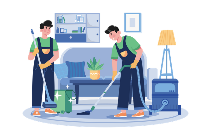 Male Worker Doing Vacuum Cleaning The Clean Floor In The Living Room  Illustration