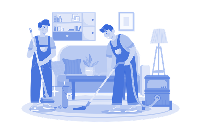 Male Worker Doing Vacuum Cleaning The Clean Floor In The Living Room  Illustration