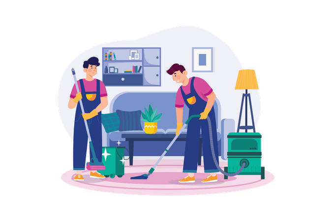 Male Worker Doing Vacuum Cleaning The Clean Floor In The Living Room Illustration