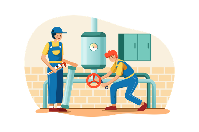 Male worker fitting pipe Illustration