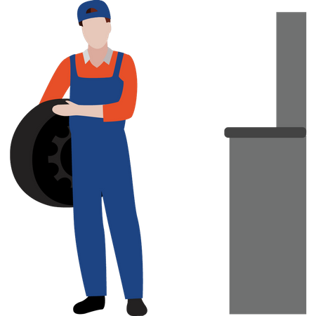 Male worker holding car tire  Illustration
