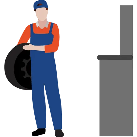 Male worker holding car tire  Illustration