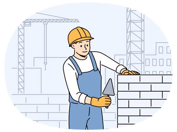 Male worker in uniform laying bricks  Illustration