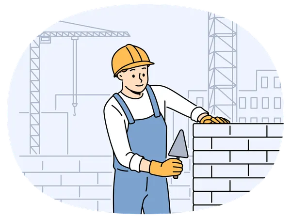 Male worker in uniform laying bricks  Illustration