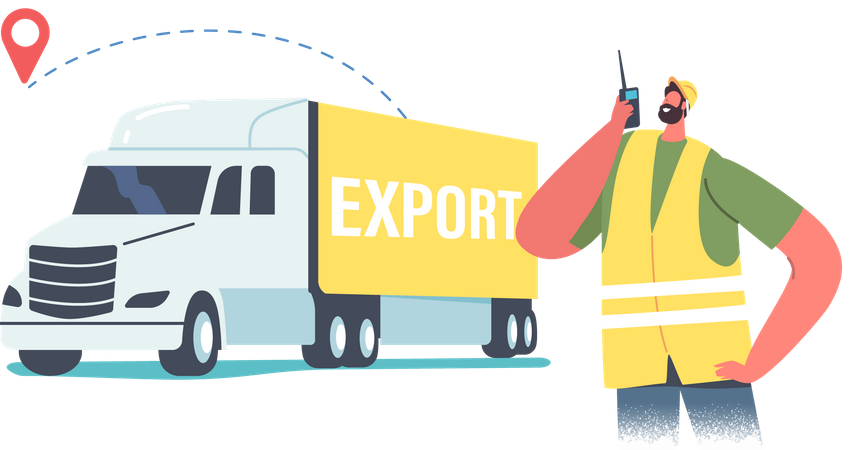 Male Worker in Uniform with Walkie-Talkie Stand at Truck with Freight for Export Import  Illustration