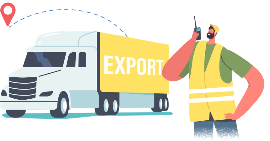 Male Worker in Uniform with Walkie-Talkie Stand at Truck with Freight for Export Import  Illustration