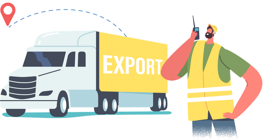 Male Worker in Uniform with Walkie-Talkie Stand at Truck with Freight for Export Import Illustration
