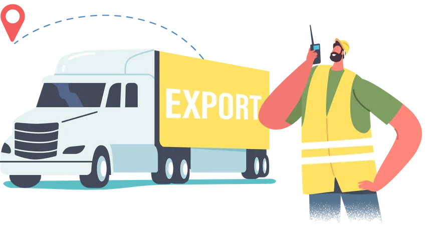 Male Worker in Uniform with Walkie-Talkie Stand at Truck with Freight for Export Import Illustration