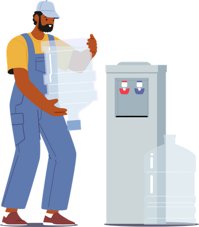Male Worker Installs Fresh Water On Cooler For Easy Access To Drinking Water  Illustration