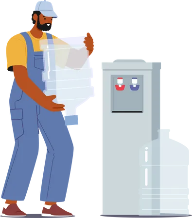 Male Worker Installs Fresh Water On Cooler For Easy Access To Drinking Water  Illustration