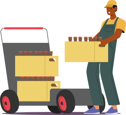 Worker Male Character Efficiently Load Bottles With Brewed Products On Trolley During The Production Process Ensuring Quality And Timely Distribution Cartoon People Vector Illustration イラスト