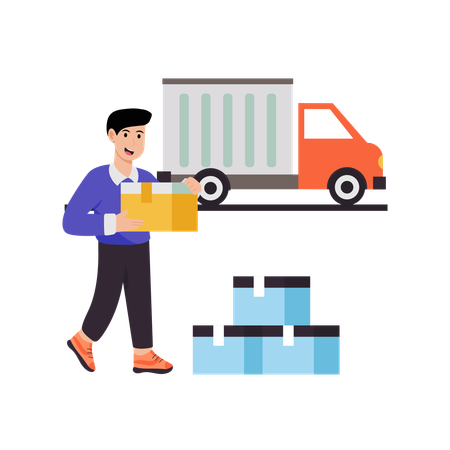 Male worker loading packages in delivery truck  Illustration