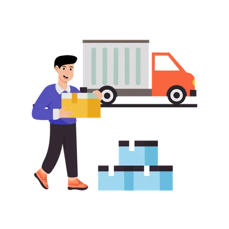 Male worker loading packages in delivery truck  Illustration