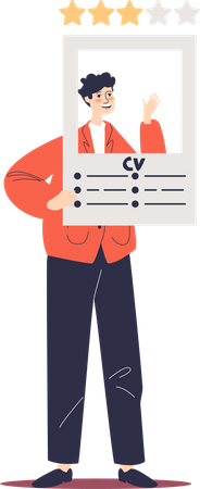 Male worker man applying for job hold cv for vacant position. Employee prepare resume for interview  Illustration