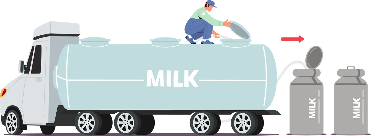 Male Worker Pouring Fresh Milk from Car Tank into Metal Containers for Distribution  Illustration