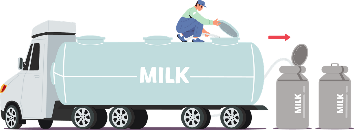 Male Worker Pouring Fresh Milk from Car Tank into Metal Containers for Distribution  Illustration