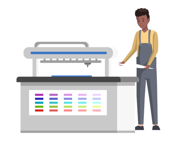 Male worker printing publishing document with equipment  Illustration