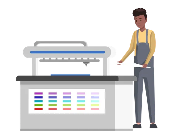 Male worker printing publishing document with equipment  Illustration