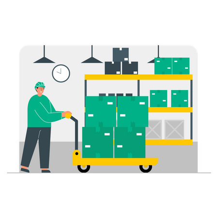 Male Worker pushing package cart Illustration