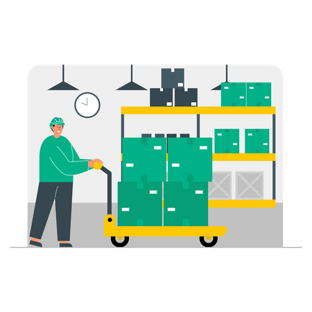 Male Worker pushing package cart  Illustration