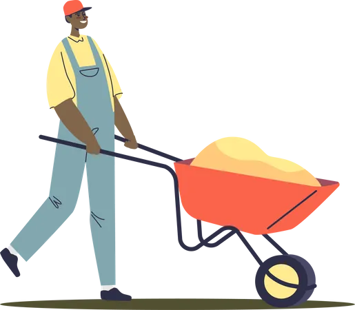 Male worker pushing wheelbarrow  Illustration